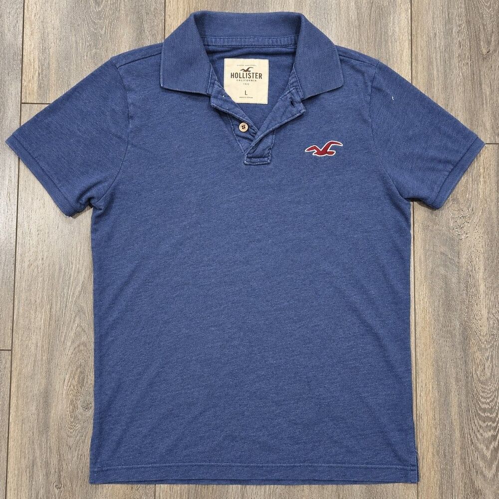 Vintage Y2K Hollister Mens L Blue Polo Shirt Seagull Logo Distressed 2000s